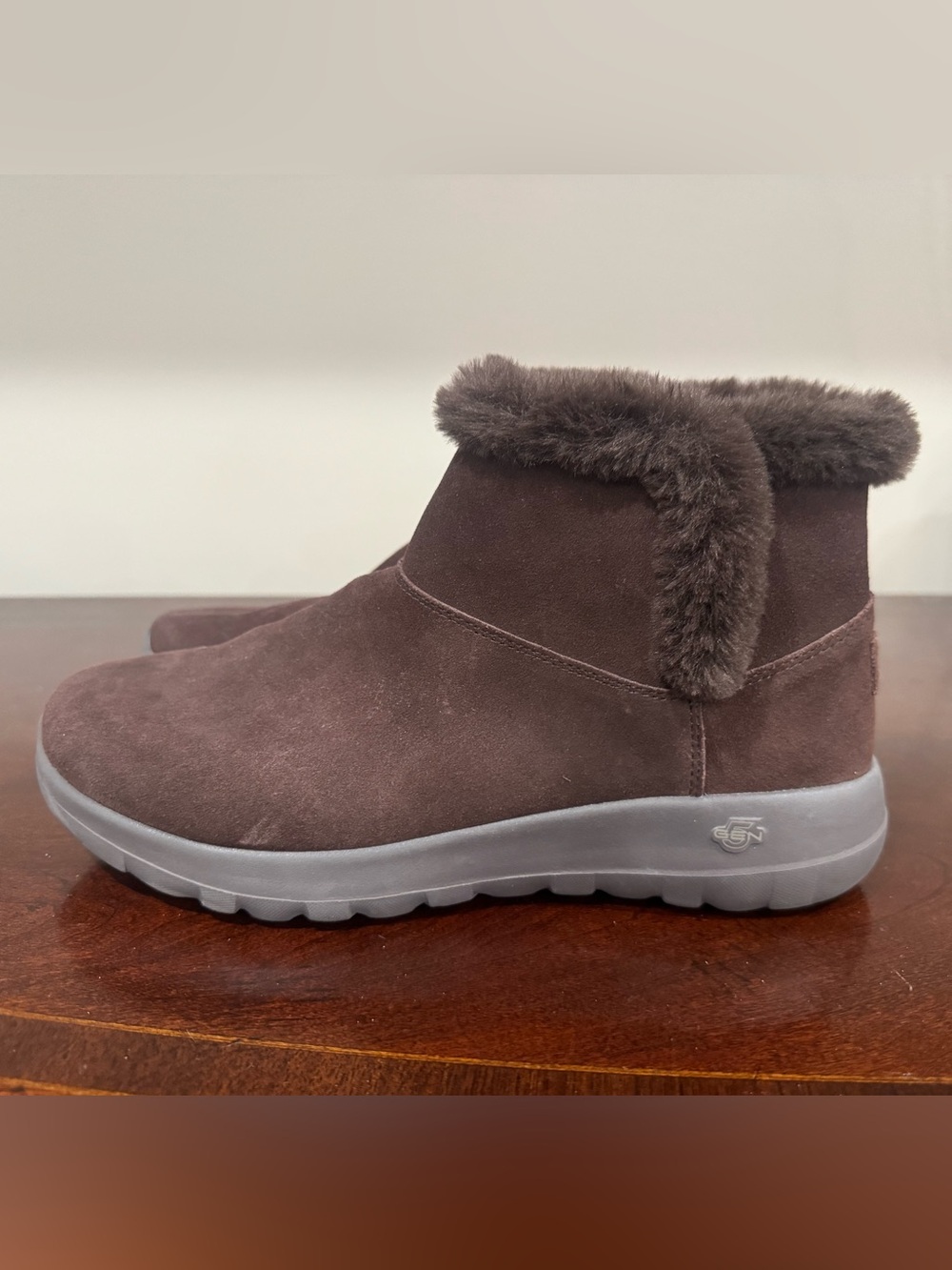 Sketchers Cozy Suede Fur-Trim Ankle Boot - Brown Size 9.5